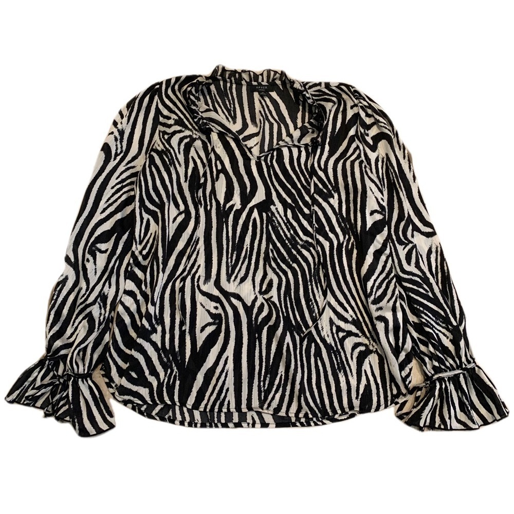 22. HAVER. London Zebra Print Ruffle Blouse Tie Cuffs Size L/G